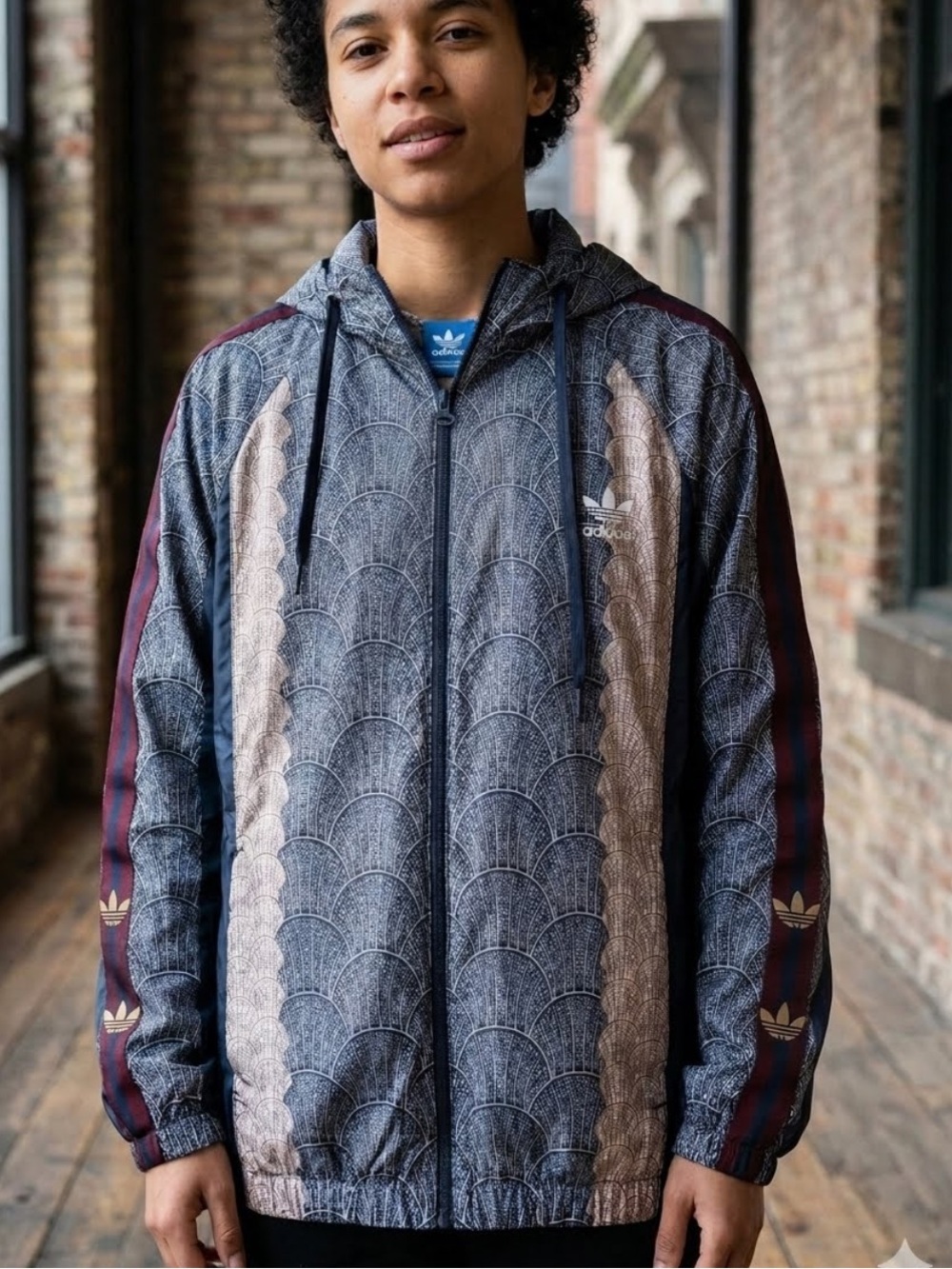 adidas Men’s Blue Hooded Windbreaker with Maroon Panels